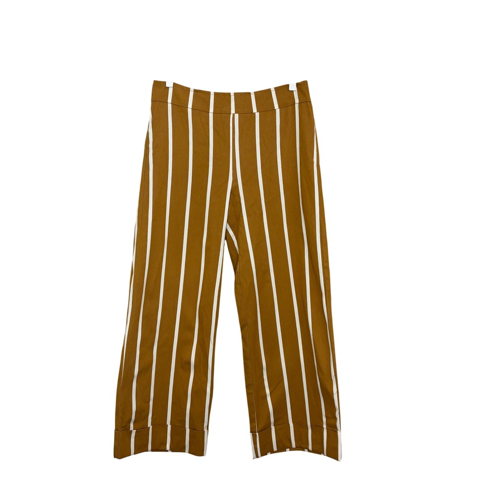 Avenue Montaigne Rebecca Striped Wide Leg Cuffed Trousers Mustard Brown White 8